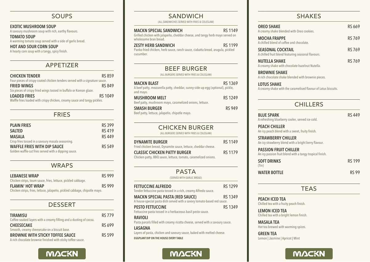 The complete MACKN food and drinks menu in its original three-panel printed layout